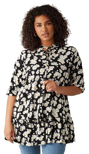 EVANS Curve Daisy Print Frill Hem Tunic Top - Women's - Plus Size Curve Black