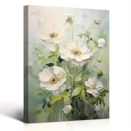 HNKDKJ Gemälde mit Blumen und grünen Blättern, gerahmtes Kunstwerk, Bürodekoration, Blütenbilder für Frauen und Mädchen, Schlafzimmer, Badezimmer, 70 x 100 cm/28 x 39 Zoll – Innenrahmen