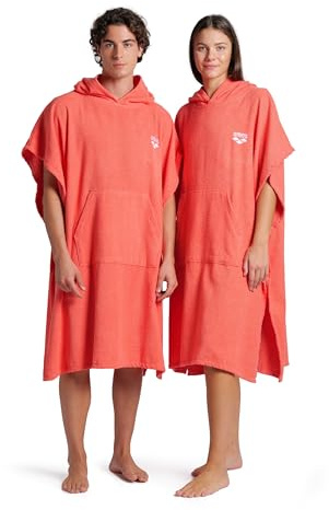 Arena Unisex-Baumwoll-Poncho, weiches Kapuzenhandtuch mit Vordertasche, einfaches Wechseln, Wärme und Komfort für Strand, Pool oder Surfen, Calypso Koralle/Weiß, Größe L/XL