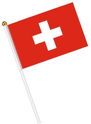 AhfuLife - Bandera suiza pequeña – 15 banderas suizas con poste sólido blanco de 30 cm para decoración de jardín bar y copa del mundo – celebración fiesta nacional euro fútbol partido