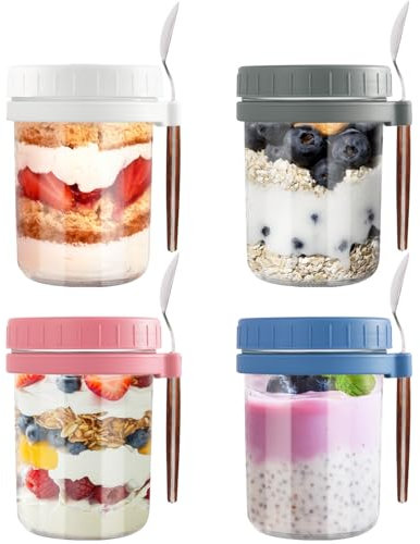 Aevcvok 4 Overnight Oats Jar, 400ml Pot Overnight Oat Verre, Bocal en Verre avec Couvercle et Cuillère, Bocaux pour Overnight Oats, Yaourts, Puddings, Salade