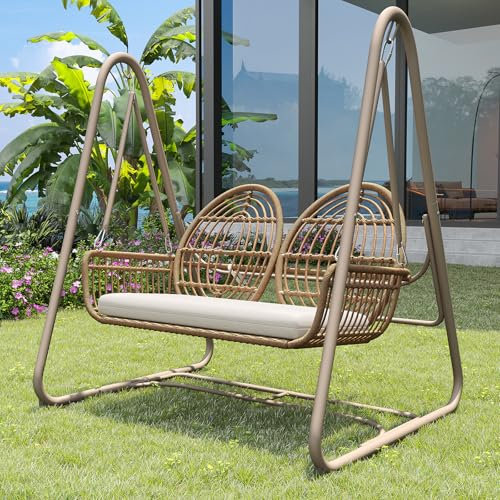 DRIXNO Gartenschaukel, Hollywoodschaukel mit Rückenlehne, Gartenmöbel-Set für den Außenbereich,Doppelschaukel aus PE-Rattan, 2 Sitze, Brauner Sitzrahmen und Beiges Kissen