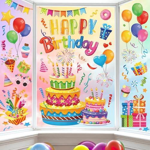 decalmile Fensteraufkleber Happy Birthday Fensterbilder Geburtstag Fenster Abziehbilder Kuchen Luftballon Geschenk Fenstersticker Glas Fensterdeko Aufkleber Kinderzimmer Geburtstagsdeko