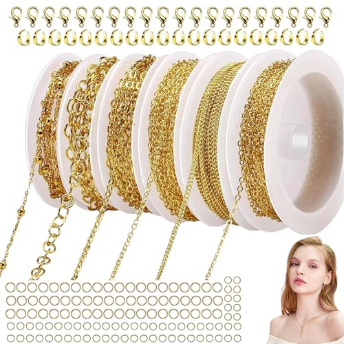 HaploS 14m 6 Rollen Schmuckherstellung Ketten, DIY Gold Gliederkette | Schmuckkette mit Karabinerverschlüssen und Biegeringen, DIY Chain Ketten zum Basteln Gliederkette zur Herstellung