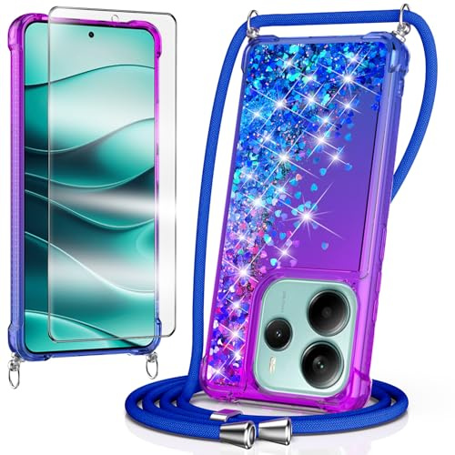 Handyhülle für Xiaomi Redmi Note 14 4G Hülle mit Band, Darkblau/Violett | 1*Stück Schutzfolie,Glitzer Transparent Weich Silikon,Necklace Schutzhülle,Flüssigkeit Treibsand,zum Umhängen Kordel,Mädchen