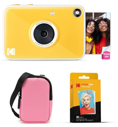 KODAK Printomatic+ Instant Print Digital Camera Starter Bundle + Carrying Case (Pink) + Zink 20pk Sticky-Back Photo Paper - 10MP, Full-Color Photos, GB LED Status Indicator - Yellow