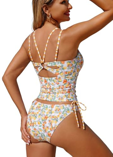 ZAFUL Cute Summer Womens Tankini Swimsuits for Pregnant V Neck high Cut Tankini Sets for Women Push up Tankini Sets for Women Swimsuits for Teens Tummy Control Bathing Suit Orange lenmon M