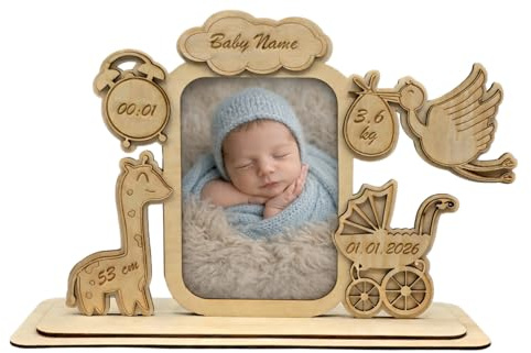 Uniqthing® Personalisierter Baby Bilderrahmen aus Holz – Neugeborenen Erinnerungsrahmen mit Name, Geburtsdatum, Uhrzeit, Gewicht & Größe – 10×15 cm Foto – Geschenk zur Geburt