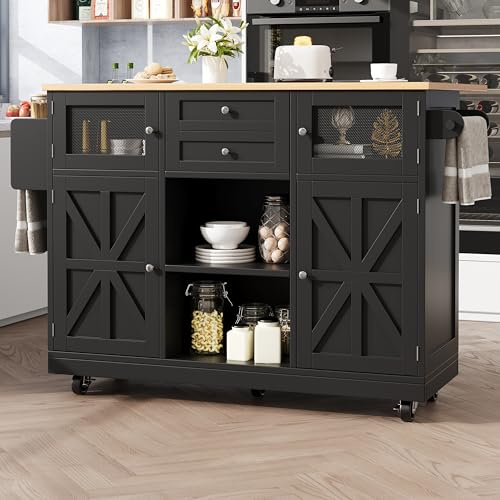 Eleganz Kücheninsel mit Handtuchhalter 140x40x94cm | Küchenwagen Schwarz klappbar | Servierwagen mit Metallgitter-Türen | Buffetschrank mit 2 Schubladen & verstellbaren Trennwänden auf Rollen
