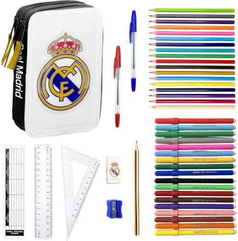 Real Madrid Astuccio per Ragazzi, Set di Cancelleria Include Matita, Penne, Gomma, Squadra, Righello, Temperamatite, Orario, Matite Colorate e Pennarelli, Regalo per Bambini