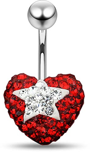 Monster Piercing Bunte Multi Kristall Stein klar Star in rotes Herz mit chirurgischen Stahl Bauch Bar Schmuck