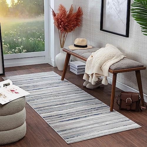 Livabliss Bruges Teppich Läufer modern – Abstrakt Design in Marmor Optik für Wohnzimmer 80x220 cm, Esszimmer, Schlafzimmer – Marmor Teppich groß, weicher Teppich Kurzflor, Grau, Elfenbein, Blau