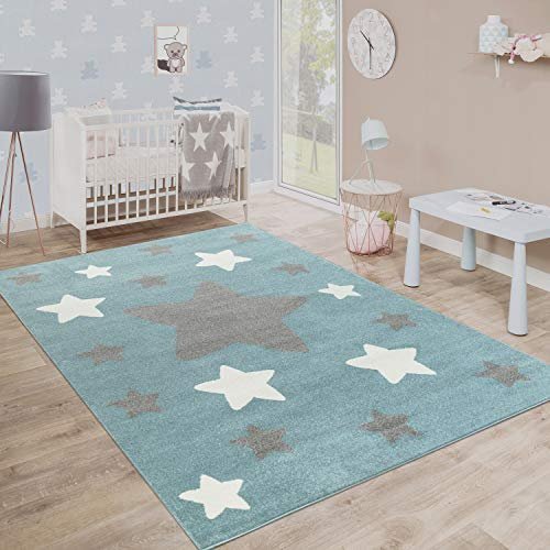 Paco Home Teppich Kinderzimmer Kinderteppich Große Und Kleine Sterne In Blau Weiß, Grösse:80x150 cm