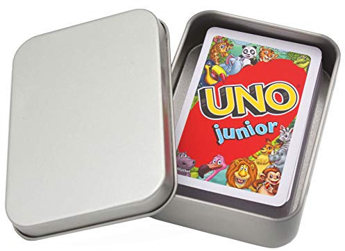 UNO Junior Kartenspiel Neue Edition für Kinder, Kinderspiele geeignet für 2-4 Spieler ab 3 Jahren + Metalldose für Spielesammlung (UNO Junior)