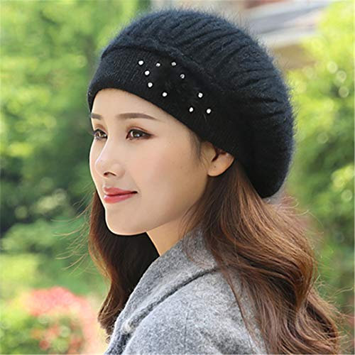 Renost Frauen Winter Baskenmütze Hut Angora Strickmütze Warm Strass Double Layers Caps Black
