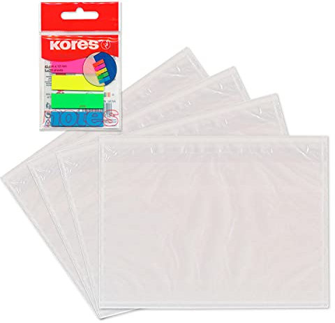 WPTrading - 5.000 x Lieferscheintaschen 165 x 120 mm DIN C6 Transparent inkl. 125 Page-Marker in 5 Farben - Dokumenten-Taschen selbstklebend, lang, blanko - Begleitpapiertaschen für Versand