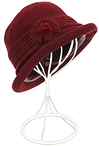ZffXH Winter Wool Knit Cloche Hat 1920 Vintage Beanie Cap Bowler Church Bucket Dress Felt for Women Ladies Seniors Wine Red