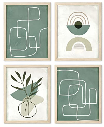 ArtbyHannah 4er Set Bilderrahmen 28x35cm, Boho moderne grüne Pflanzenwanddeko, MDF Fotorahmen mit Holzrahmen für Schlafzimmer und Wohnzimmer