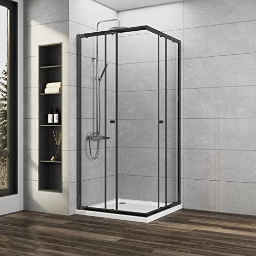 Duschkabine Schwarz 80x80x185cm Schiebetür Duschkabine Eckeinstieg 6mm ESG Glas Duschabtrennung Duschwand, Montage auf Duschewanne oder Ebenerdig