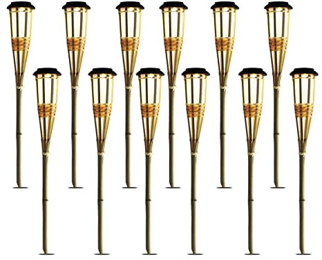 JUANIO Lot de 12 torche solaire, lampe LED de jardin, torche lumière en bambou - Diamètre 8.8 x Hauteur 62 cm