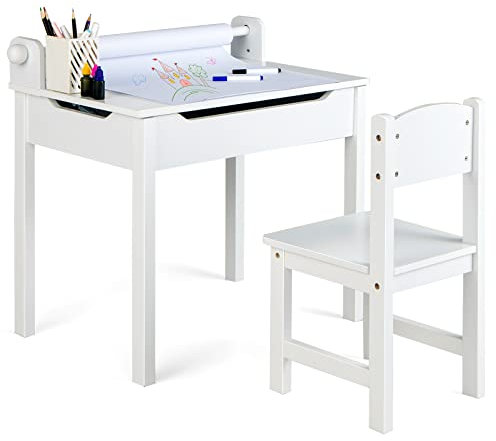 Maxmass Kids Table and Chair Set, Children Lift-top Art Desk with Paper Roller, Hidden Storage Space & Pen Slot, Toddler Wooden Activity Table Set for Drawing, Studying (White)