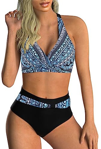 Adigaber Women's Two Piece Swimsuits Criss Cross Top Bikini High Waisted Bottom Tummy Control Bathing Suits Vintage Print Swimwear