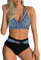 Adigaber Damen Zweiteiliger Badeanzug V Ausschnitt überkreuztes Blumenmuster Bikini Bademode Bauchkontrolle Bikini Sets L Blauer und schwarzer Druck