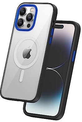 FLOLAB Surtect Tri-Fusion Magnetische iPhone 14 Pro Max Handyhülle Schutzhülle Schlankes Design Magsafe Kompatibel Militär Grade Schwarzer Rahmen Klar - Blauer Saphir