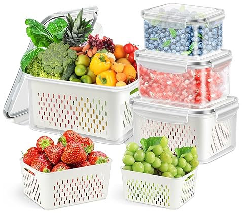 Lot de 4 boîtes Conteneurs de Stockage d'aliments Frais de Cuisine, Bac à Légumes de Cuisine avec Passoires, égouttoir Rectangulaire Récipients Multifonctionnels de Stockage des Aliments