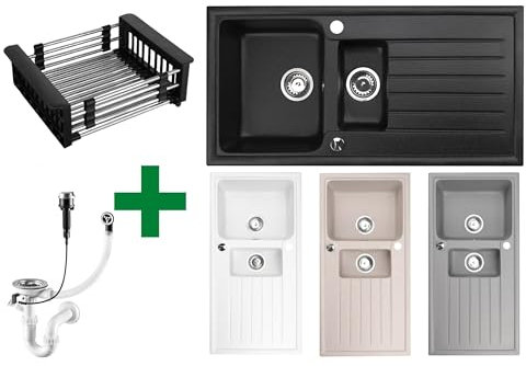 Faizee Home | Granitspüle 100x50 cm Schwarz – Beidseitig montierbar & kratzfest | Inkl. Armatur, Spülkorb & Siphon-Set | Hochwertige Küchenspüle aus Granit für modernes Küchendesign