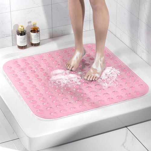 HITSLAM Square Shower Mat Non Slip Anti Mould, 53 x 53cm Bath Mat for Tub with Suction Cups and Drain Holes, Machine Washable Bathroom Anti Slip Shower Mat, Soft on Feet, Pink
