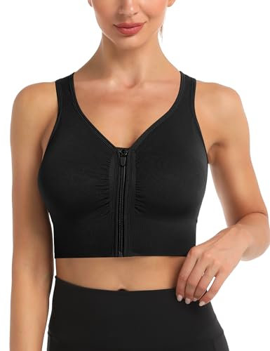 Migcaput Damen Sport BH Stark Halt Abnehmbarer Brustpolster Tops Nahtlose Sportbekleidung Yoga Top Damen Fuer Lauf Fitness Mit Reißverschluss Sportunterwäsche Sport BH Schwarz S