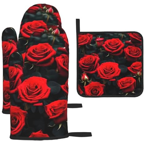 Juego de manoplas y soportes para ollas de horno de rosas rojas, el mejor juego resistente al calor para cocina y comedor