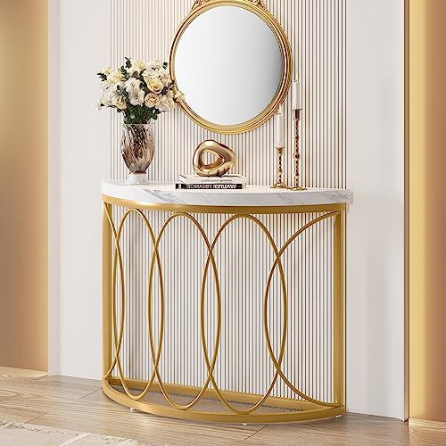 Tribesigns Gold Konsolentisch, Beistelltisch mit Metallrahmen und Halbmonddesign, Moderner Sofatisch Infacher Sofa Tisch für Wohnzimmer Foyer Flur