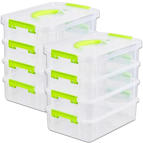 MUXHEL 2PCS Craft Storage Box 4-Tier Small Stackable Storage Boxes with Lids Plastic Storage Containers with Handle for Art Craft Pen Sewing Accessories-Green