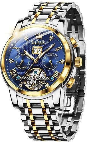 OLEVS Hommes Montre Squelette MéCanique Automatique Bleu éTanche à Remontage Automatique en Acier Inoxydable Lumineux Tourbillon Montres De Luxe