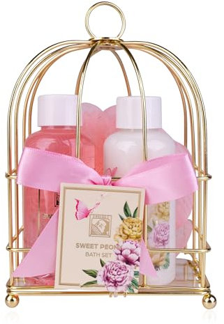 Accentra – Duschset Frauen Geschenkset SWEET PEONY in wunderschönem Drahtkorb – 3-teiliges Pflegeset mit Duschgel, Bodylotion und Badeschwamm – Wellness Geschenk Set zum Muttertag & Valentinstag