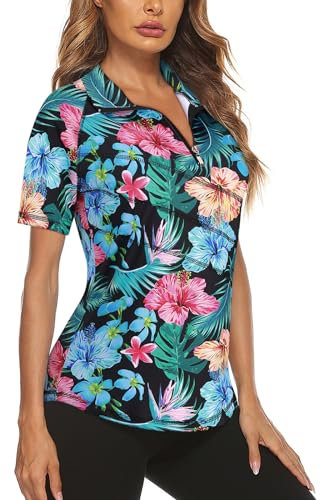 Flikity Women's Golf Clothing, Womens Floral Polo Shirts Collared Neck Tennis Shirts 1/4 Zip Quick Dry Short Sleeve Sport Gym Exercise Tops Running Casual Workout Tops L