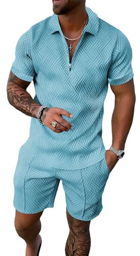 amropi Herren Sportanzug Sommer Trainingsanzug Kurzarm Reißverschluss Top und Shorts Kleidung Set Hellblau, XL