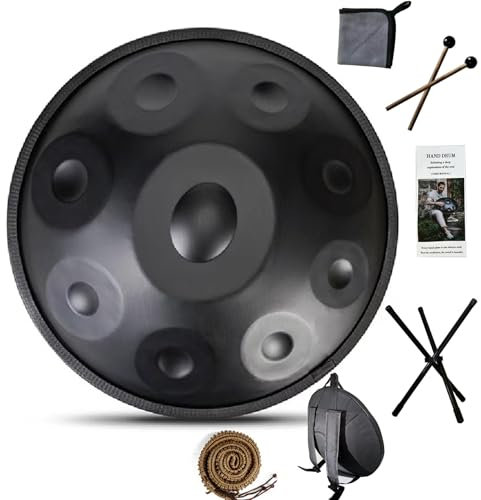 Handpan Drum, Steel Drum in D-Moll 9/10/12 Note 22 Zoll 440 HZ, Hand Drum Percussion mit Soft Hand Pan Bag, 2 Sticks und Support (Black, 9 Notes)