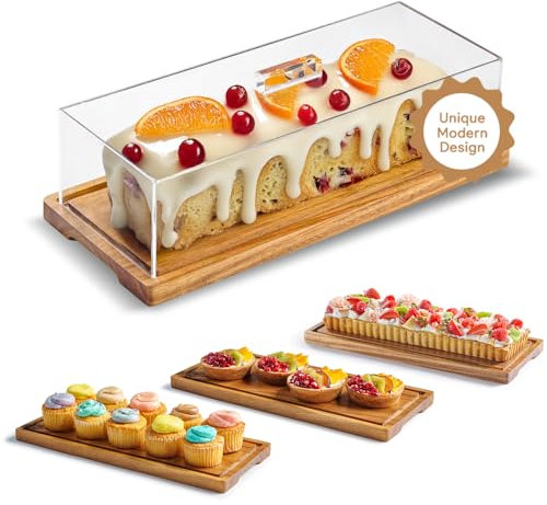 Homesphere Cake Display with Lid – Acacia Wood Dessert Stand & Wooden Charcuterie Board with Lid for Loaf Cakes, Bread, Pastries, Cheese, Large Rectangle Wood Tray Platter & Acrylic Cover, 15 x 6.25”