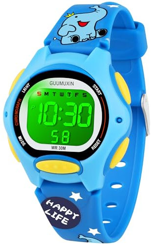 GUUMUXIN Armbanduhr Kinder,Kinderuhr mit Bedrucktem Armband und 7 Farbigen LED Lichtern,30M wasserdichte Digitale Kinderuhren für Jungen Mädchen 4-12 (Blau)