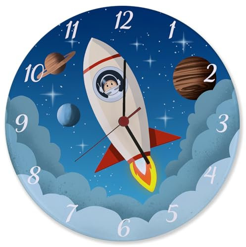 speecheese Rakete im Weltall Wanduhr aus Glas für Kinder Schöne Uhr für das Kinderzimmer mit Planeten des Kosmos als Geburtstagsgeschenk für Kinder und Deko für das Schlafzimmer