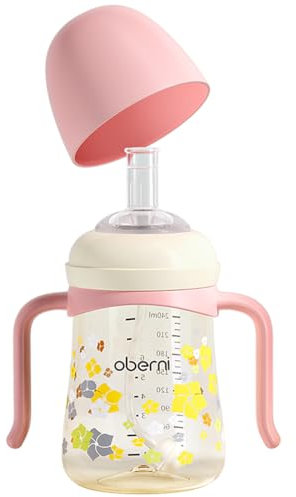 Oberni Trinklernbecher Auslaufsicherer, Trinklernflasche für Kleinkind ab 6 Monaten, Gewichtet Strohhalm, Rutschfester Griffen, Spülmaschinengeeignet, BPA frei PPSU, 240ml, Rosa, 1Stück
