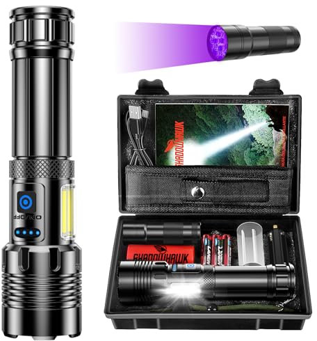 Shadowhawk Linternas LED Alta Potencia 500000 Lúmenes, Linterna Led Recargable XHM90.2 Linterna Potente COB Linterna de Trabajo, 7 Modos Linterna Tactica Militar, Flashlight para Emergencia Camping