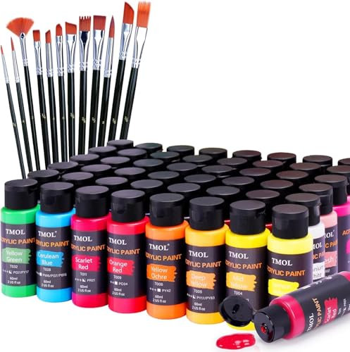 Acrylfarben Set, 48 Farben x 60 ml + 12 Pinsel, Acrylic Paint Set, Künstlerbedarf für Leinwand, Holz, Keramik, Stoffe, ungiftige Reiche Pigmente Acrylfarbe für Anfänger, Studenten, Profis, Künstler