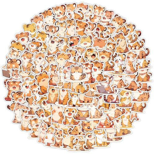 LYLSDSB Tiger Aufkleber 100 Stück Niedliche Cartoon Tier Aufkleber für Laptop Skateboard Gepäck Auto Telefon Gitarre Scrapbook Fahrrad,Wasserdicht Funny Tiger Sticker für Kinder Erwachsene