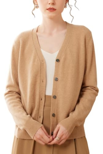 DISSA Gilet Femme Col V Manches Longues Cachemire Laine,Kaki,40