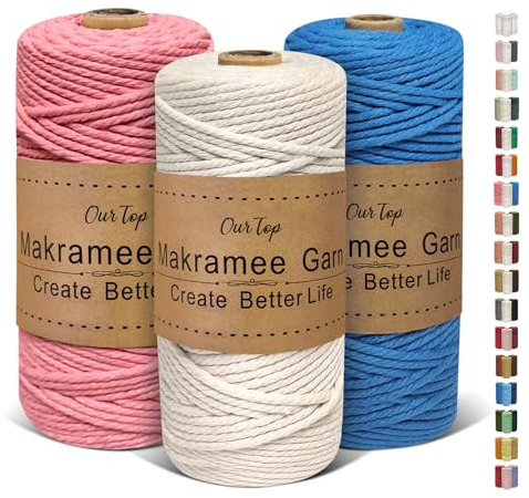 OurTop Premium Makramee Garn 3er Set, 3mm x 100m Macrame Cord Schnur Kordel für DIY Handwerk, Weben Dekoration, Hängepflanze Aufhänger (Natur, Blau, Wassermelonenrot)