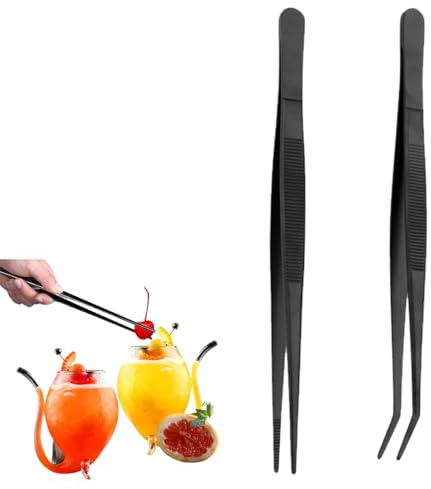 MIRKUZI 2 Stück 16cm Kochpinzette Zangen Set Gebogene Pinzette Gerade Pinzette Küchenwerkzeuge zum Kochen Reparieren für Meeresfrüchte und BBQ (Schwarz)